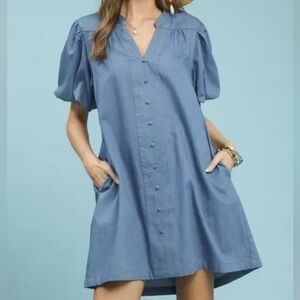 Umgee Chambray Puff Sleeve Dress
